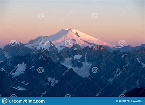 Panoramic View On Mount Elbrus The Highest Mountain In Europe And A