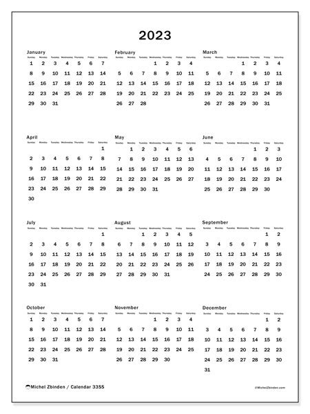 2023 Printable Calendar “32ss” Michel Zbinden Us