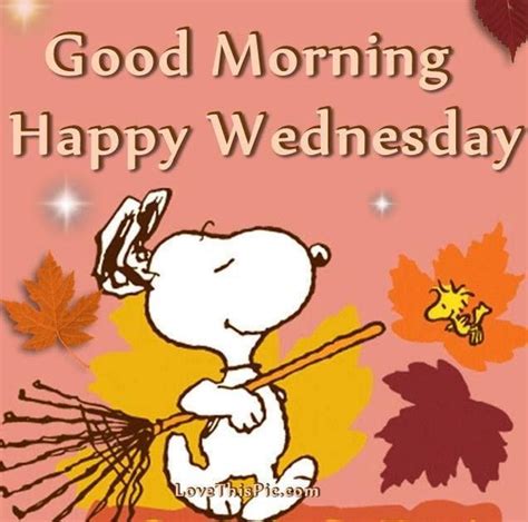 Good Morning Happy Wednesday Snoopy And Woodstock Raking Leaves