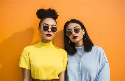 Ai Generated Two Young Women Wearing Sunglasses Stand On A Yellow Background 35782598 Stock