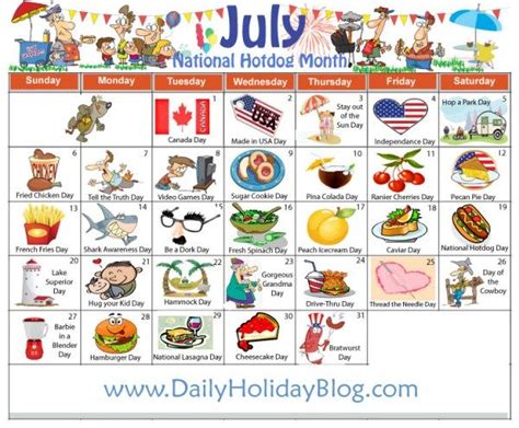 July Calendar Holiday Calendar National Day Calendar National