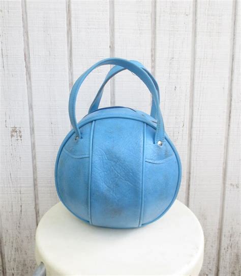 Vintage 70s Bowling Bag Round Purse Blue Leather Bag