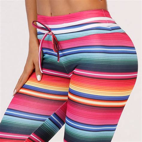 Spring Sexy Skinny Pants Women High Waist Elastic Fitness Leggings Colorful Striped