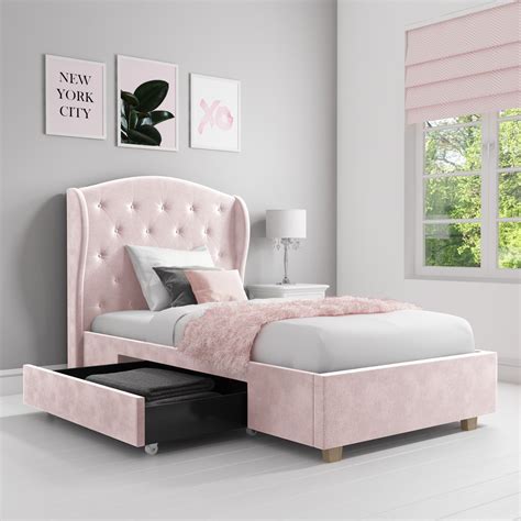 Pink Velvet Upholstered Single Bed Frame With Storage Drawer Safina