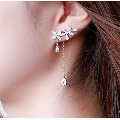 Fashion Zircon Crystal Flower Tassels Women Ear Drop Dangle Earrings