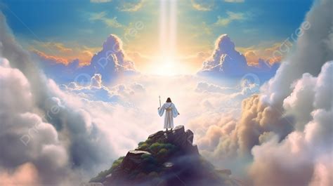 Jesus Standing On Top Of The Clouds Above A Stream Of Light Background