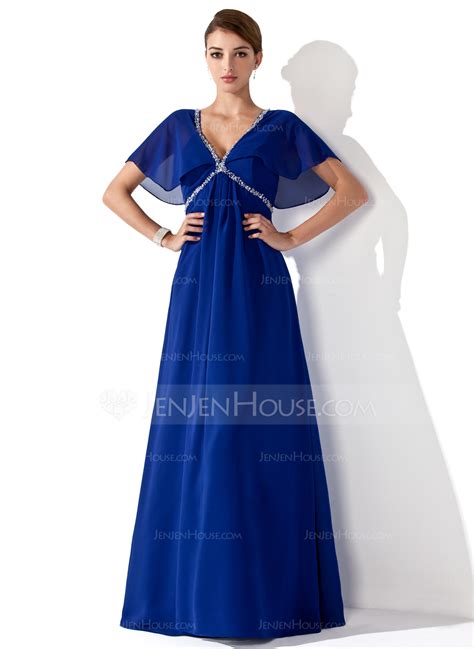 empire v neck floor length chiffon mother of the bride dress with ruffle beading 008013102