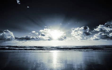 Coast Beach Sun Clouds Beams Sand Black And White Wallpaper