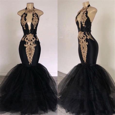 2019 Black Prom Dresses Long Gowns With Gold Applique Mermaid Halter