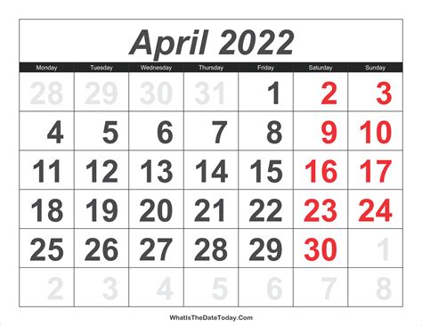 2022 Calendar April With Large Numbers Whatisthedatetodaycom