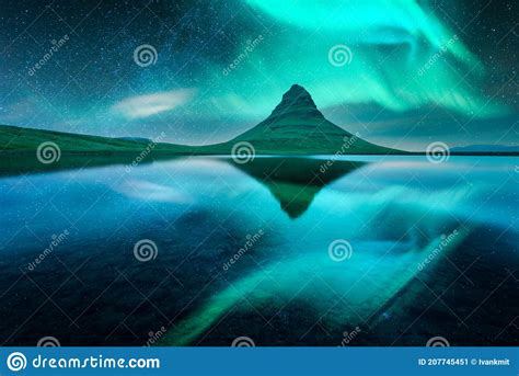 Aurora Borealis Northern Lights Over Kirkjufell Mountain Stock Image