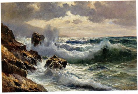 An Oil Painting Of Waves Crashing On Rocks In The Ocean With Cloudy