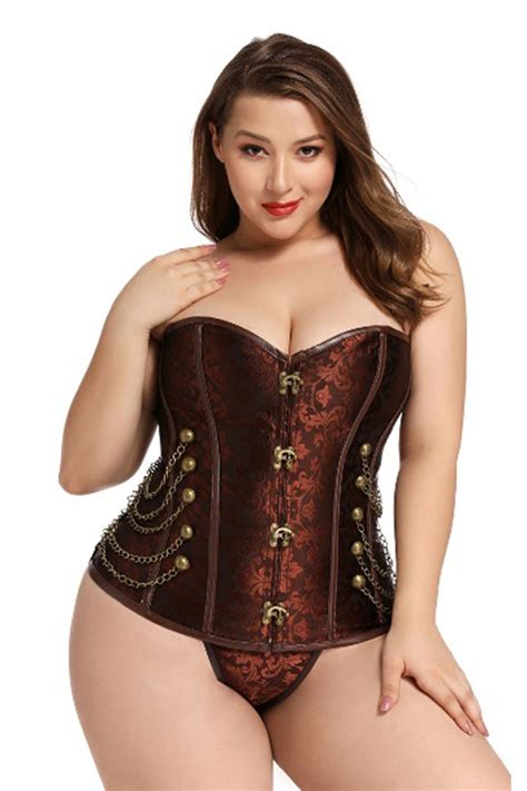 Brown Steampunk Gothic Jacquard Overbust Corset With Chains Steel Boned