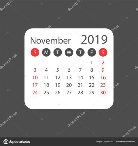 Calendario Noviembre 2019 Año Estilo Sencillo Plantilla Diseño