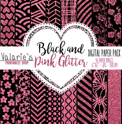 Digital Paper Hot Pink Glitter And Black Pink Glitter
