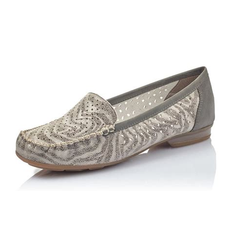 Rieker Yasmin Womens Breathable Loafers Grey Leather Mozimo