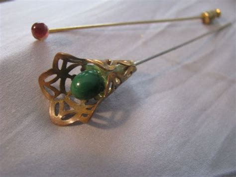 Two Victorian Glass Filigree Hat Pins Green Glass Bead And Etsy