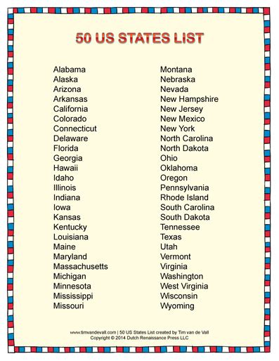 List Of Us States Tims Printables