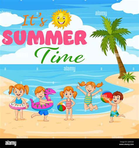 Cartoon Happy Children Playing At The Beach Stock Vector Image And Art
