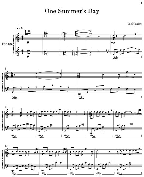 One Summers Day Sheet Music For Piano