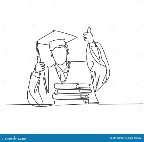 One Line Drawing Of Young Happy Graduate Male College Student Wearing