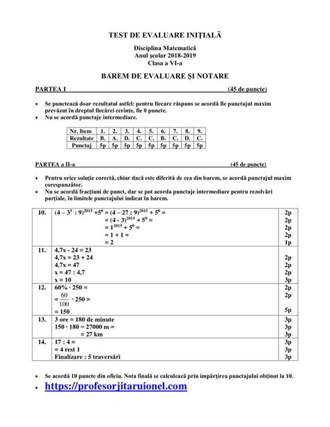Test Initial Matematica Clasa A 6 A Cu Rezolvare Barem An Scolar