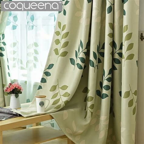 Coqueena Brand Modern Green Leaf Pattern Ready Made Custom Curtains For