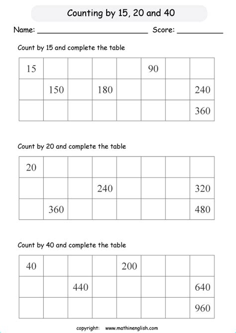 skip count by 15 and 20 printable grade 3 math worksheet