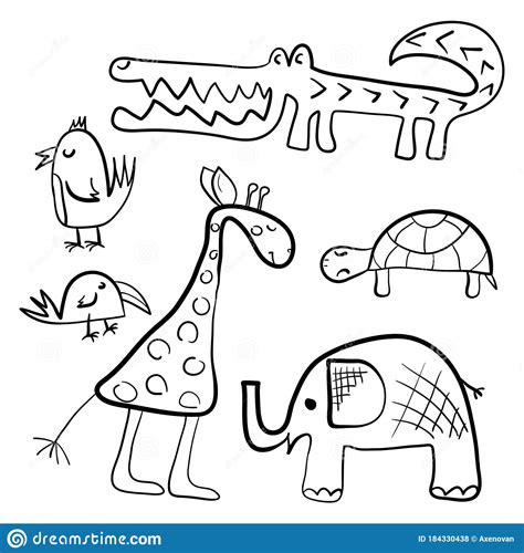 Hand Drawn Set Of Cute Animals And Birds African Animals Stock