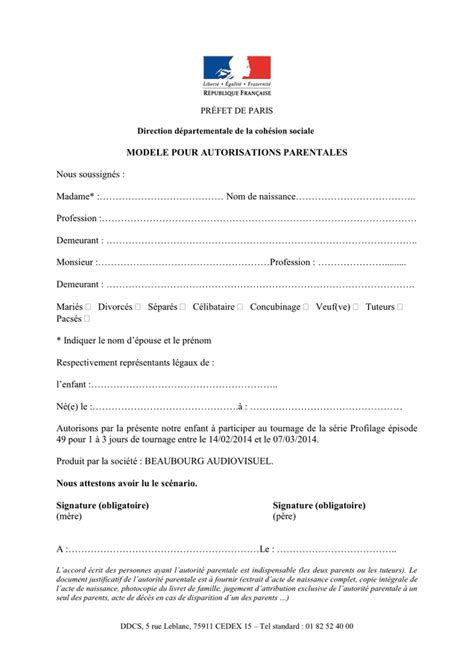 Modele De Lettre Pour Autorisations Parentales France DOC PDF Page Sur