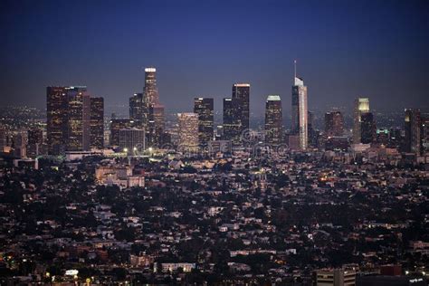 Aerial Shot Of The Los Angeles City Downtown During A Night Stock Photo