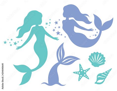 Vetor Do Stock Silhouette Of Swimming Mermaids Mermaid Tail Shells
