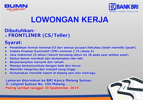 Bank bri syariah yang beralamat di cabang surabaya, merupakan salah satu lembaga keuangan yang bergerak dalam bidang perbankan berdasarkan syariah menjadikan salah satu dari tiga bank syariah terbesar di indonesia. Lowongan Kerja Di Bank Untuk Yang Sudah Menikah - Kumpulan ...