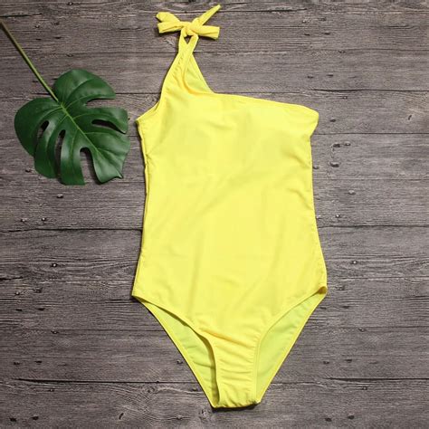 Sexy Women Yellow Swimwear One Shoulder Halter One Piece Swimsuit Retro