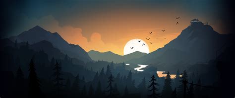 2560x1080 Firewatch Sun Trees Mountains Birds Lake Evening 2560x1080