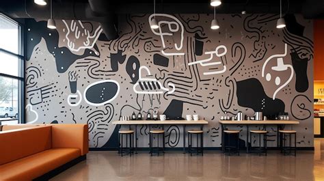 Premium Ai Image Coffee Shop Interior With A Striking Mural On One Of