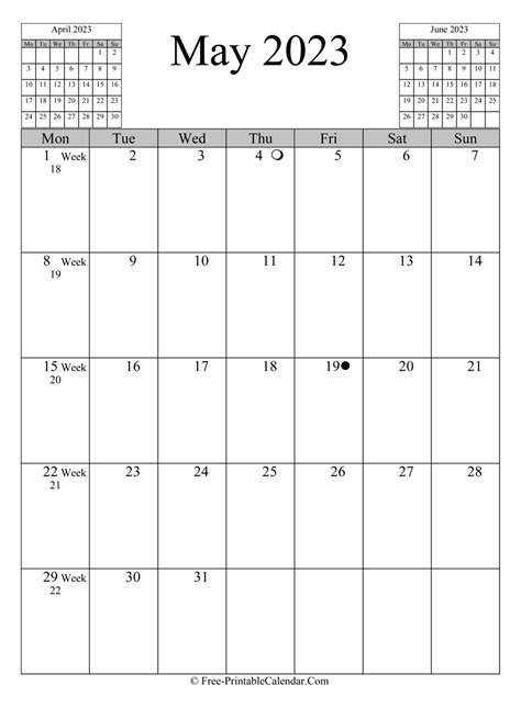 May 2023 Calendar Vertical Layout