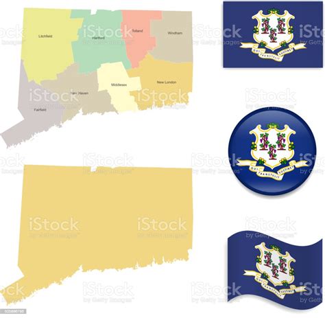 Connecticut Map And Flag Collection Stock Illustration Download Image