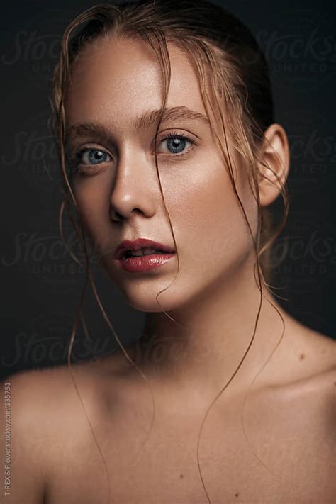 Girl With Wet Hair And Red Lips High Quality Clean Skin By T Rex