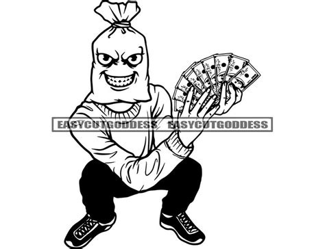 Money Bag Head Man Cartoon Character Holding Money Spread Etsy