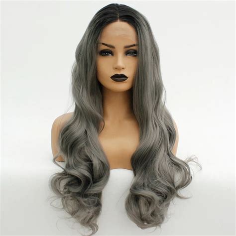 Vnice Middle Part Gray Wig Dark Grey Ombre Black Roots Long Body Wave