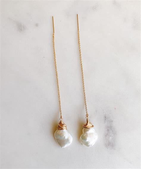 Gold Pearl Threader Earring Long Chain Earrings Wedding Etsy