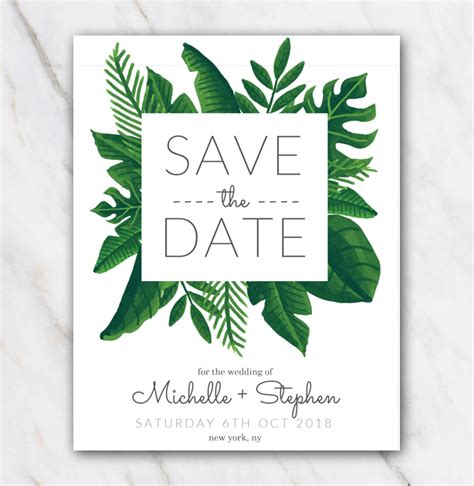 The background colors of the design can be changed to your preference as well. Tropical green wedding save-the-date template » Temploola.com