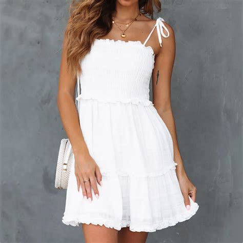 Women White Summer Dress Casual Solid Above Knee Dresses Sleeveless