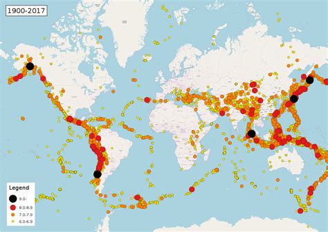 Earthquakes are shown as circles sized by magnitude (red, < 1 hour; 地震列表 - 维基百科，自由的百科全书
