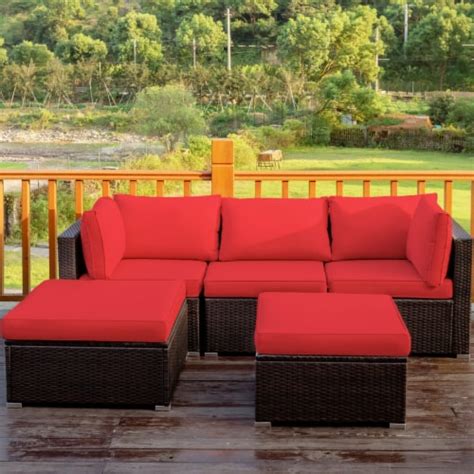 5pcs Rattan Patio Conversation Set Outdoor Furniture Set W Ottoman Red Cushion 1 Unit Fred Meyer