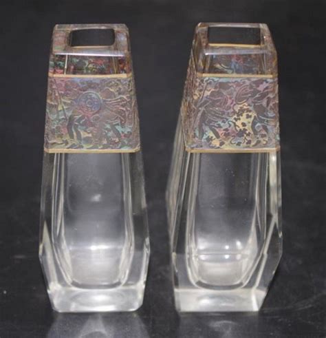 Antique Moser Crystal Posy Vases With Classical Etching European Glass