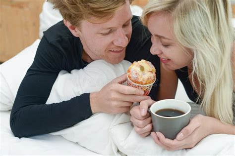 Romantic Happy Couple Having Breakfast In Bed Stock Image Image Of