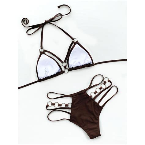 5 colors halter metal rings strappy bikini women swimwear female swimsuit two pieces bikini set