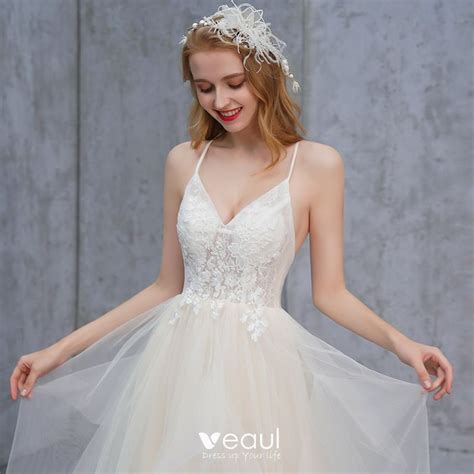 Affordable Champagne Summer Beach Wedding Dresses 2019 A Line